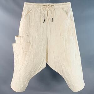 LA HAINE Size L Beige Jacquard Cotton Linen Drop Crotch Cropped Casual Pants